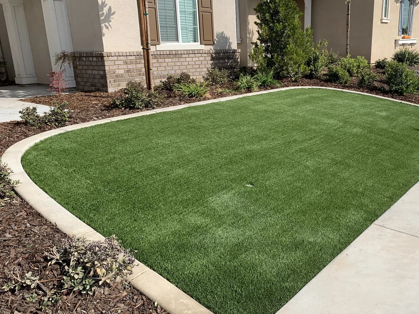 Artificial turf front lawn with a concrete border and planted beds in front of a home